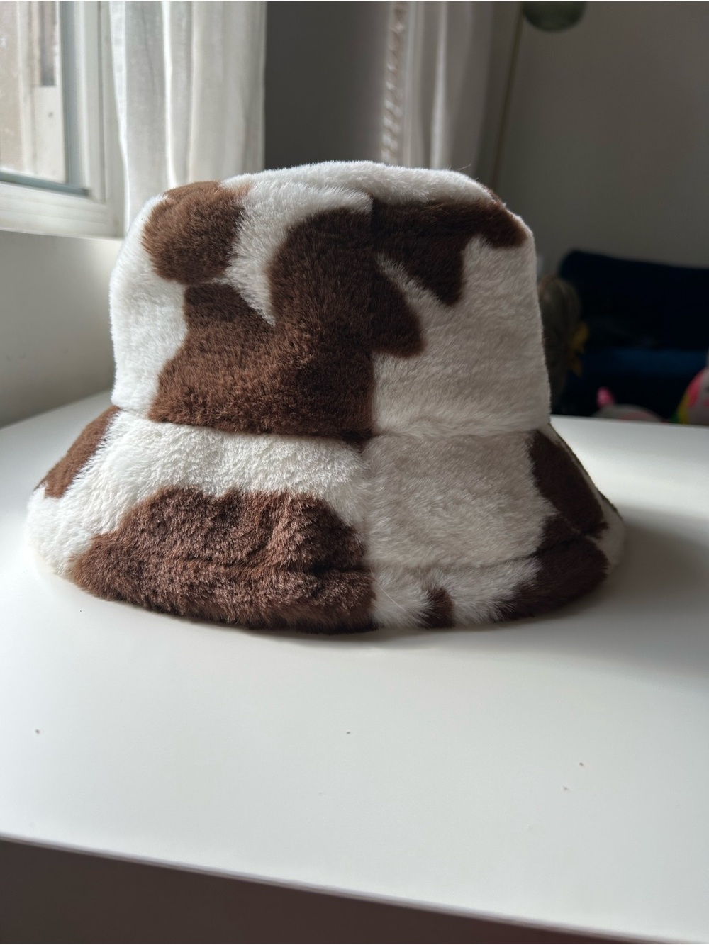 Faux Fur Cow Print Bucket Hat - Brown & White - Picture 3 of 5